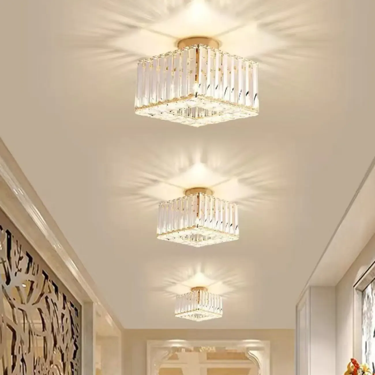 Modern Square Crystal Gold Semi Flush Ceiling Light