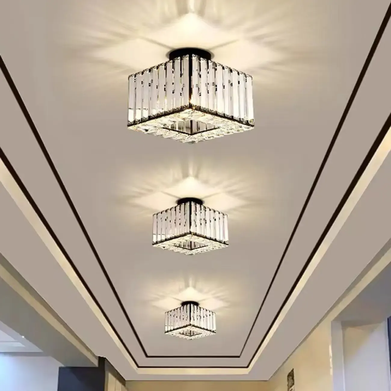 Modern Square Crystal Gold Semi Flush Ceiling Light