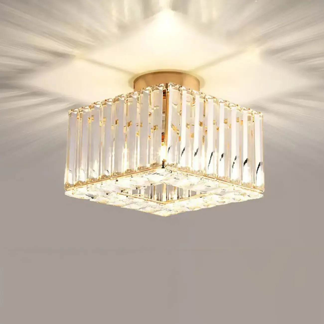 Modern Square Crystal Gold Semi Flush Ceiling Light