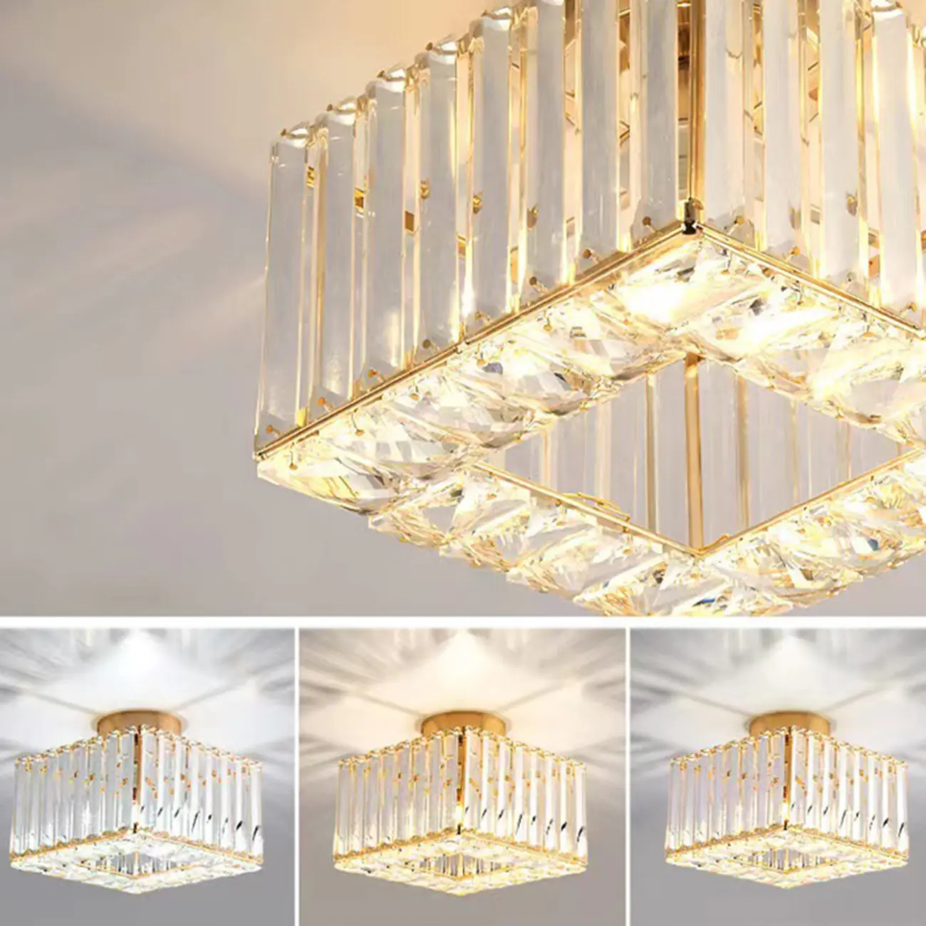 Modern Square Crystal Gold Semi Flush Ceiling Light | homeyfad
