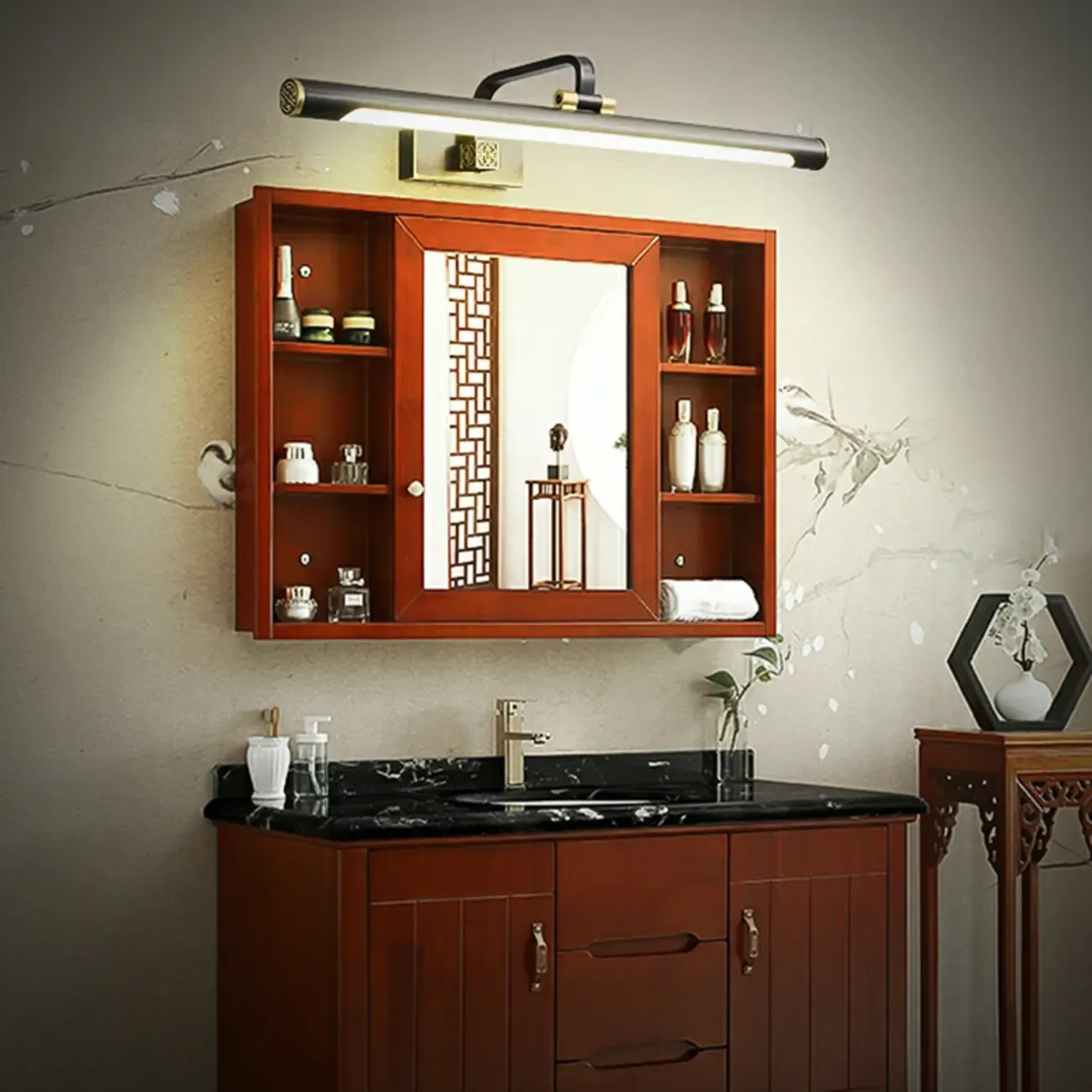 Minimalist Tubular Vanity Light with Adjustable Gold Arm Image - 5