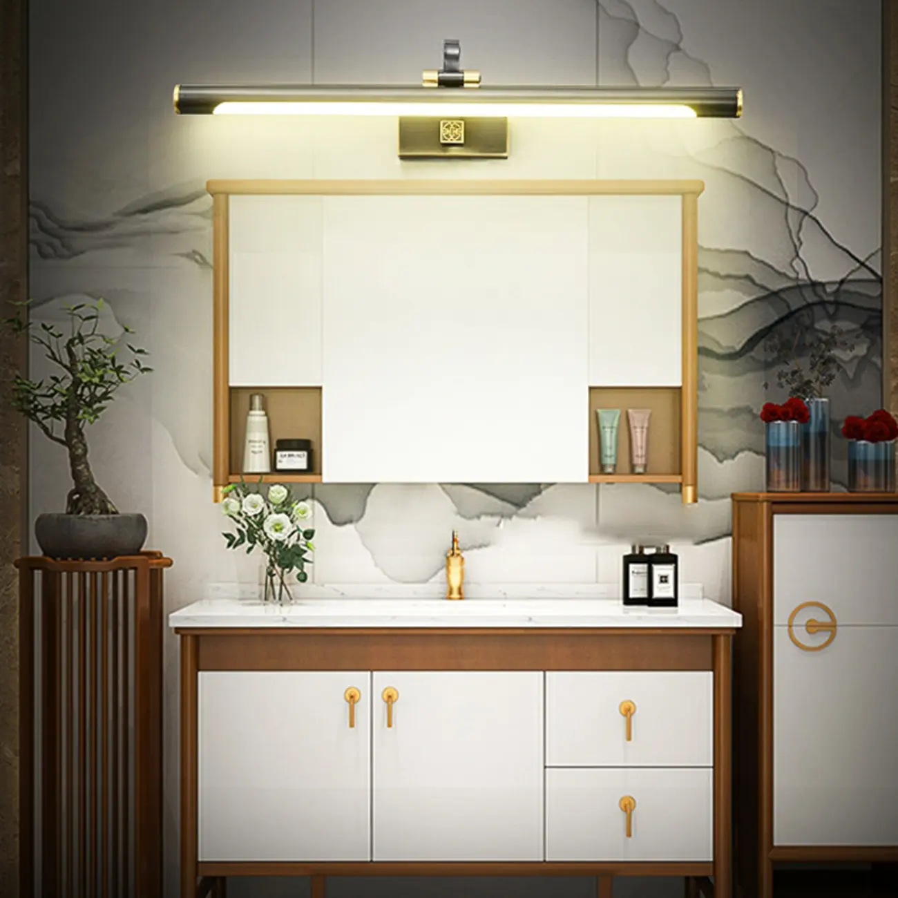Minimalist Tubular Vanity Light with Adjustable Gold Arm Image - 2 | homeyfad