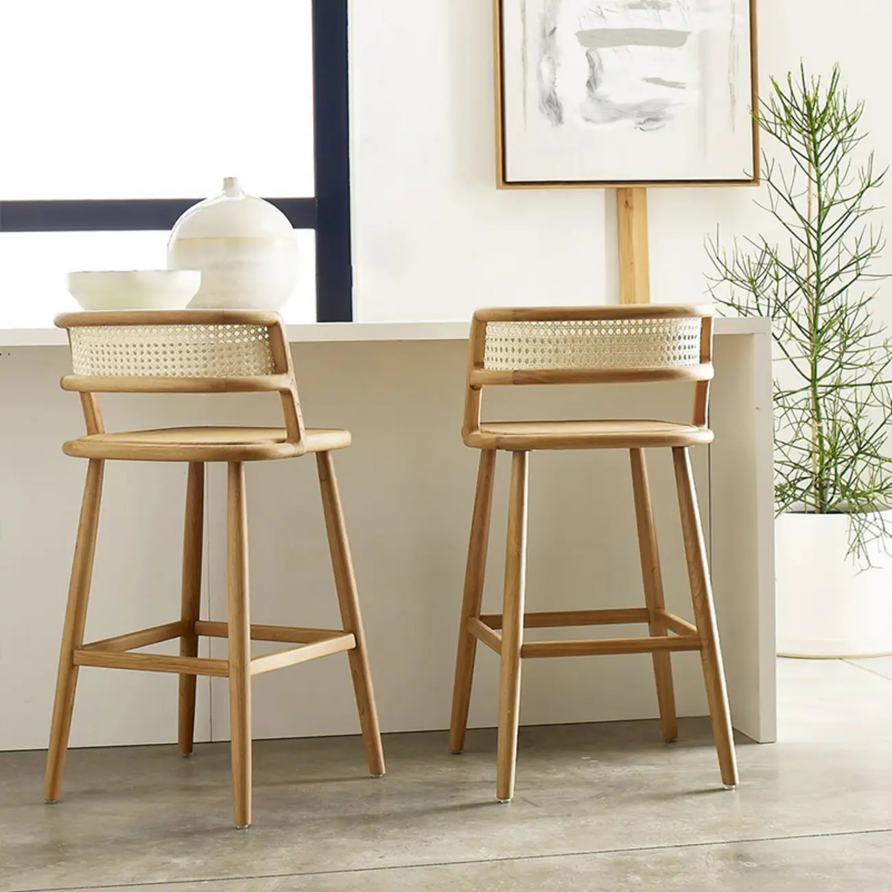 Rustic Wood High-Back Comfort Rectangle Oak Rattan Bar Stool Image - 1 | homeyfad