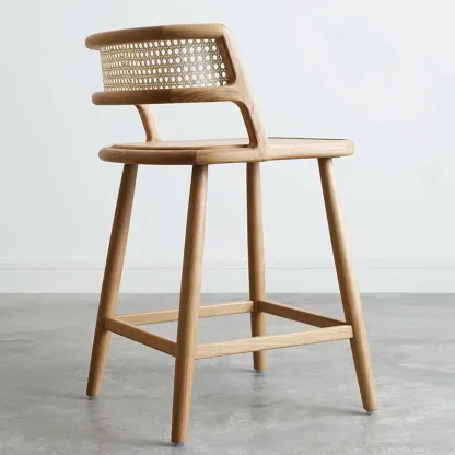 Rustic Wood High-Back Comfort Rectangle Oak Rattan Bar Stool Image - 2