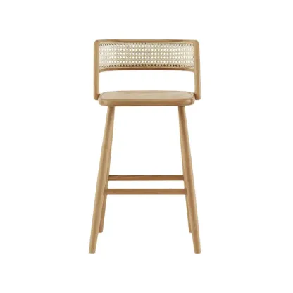 Rustic Wood High-Back Comfort Rectangle Oak Rattan Bar Stool Image - 9