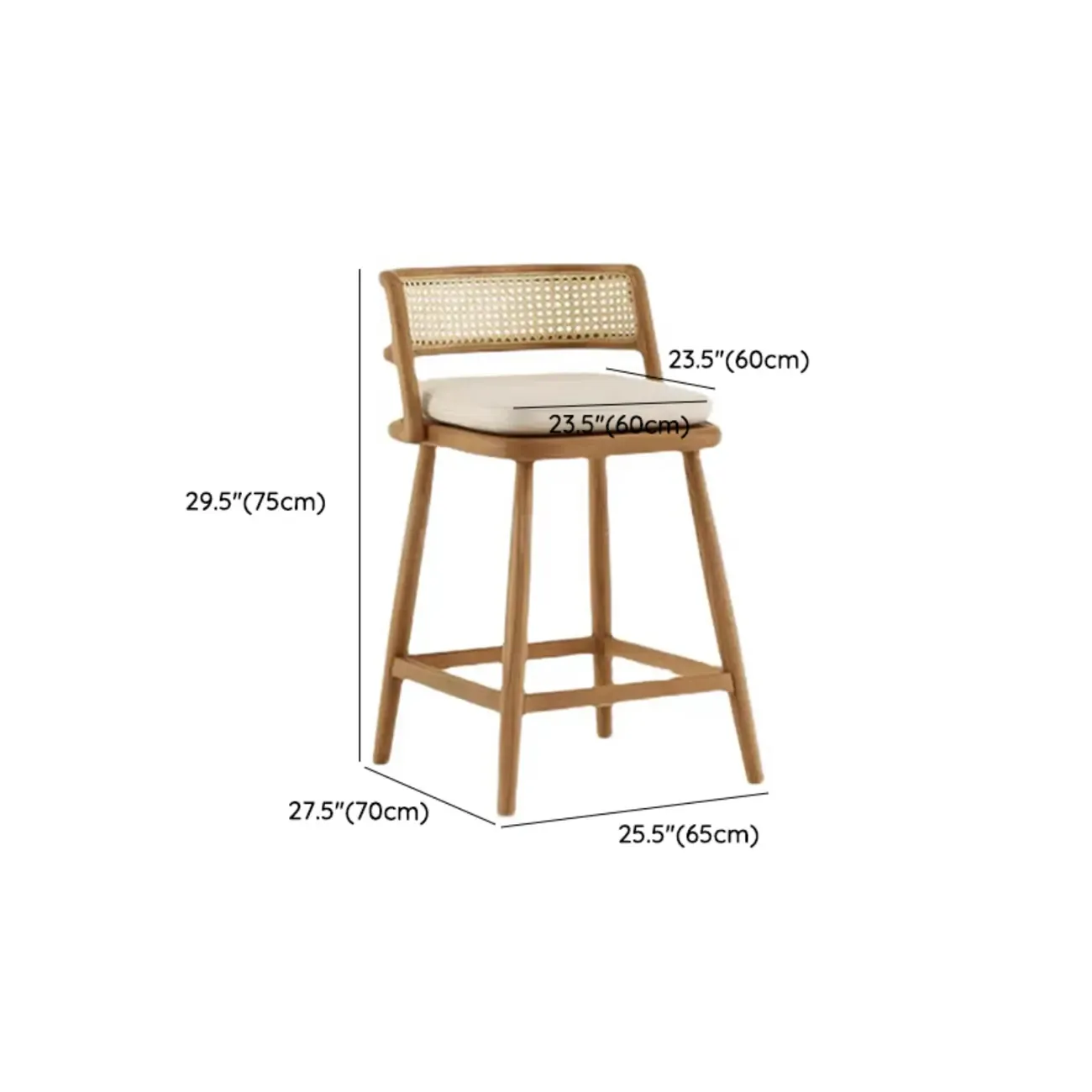 Rustic Wood High-Back Comfort Rectangle Oak Rattan Bar Stool #size