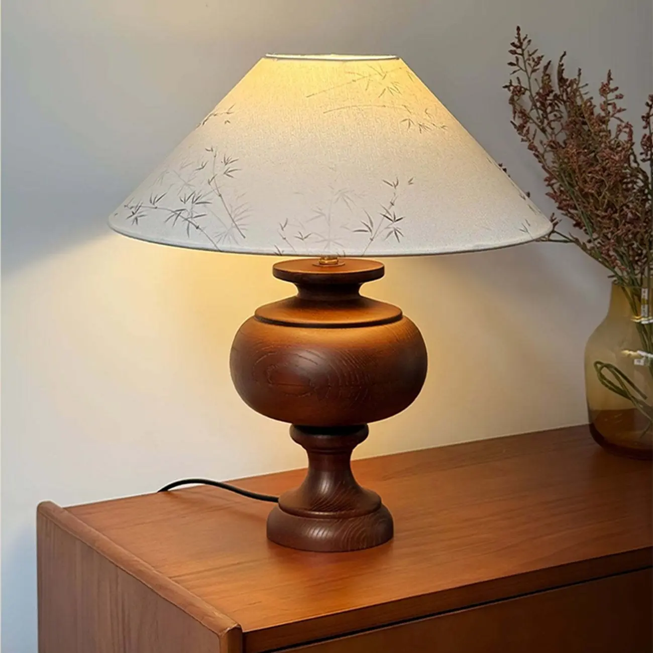 Traditional Geometric Totem Wood Table Lamp Drum Shade Image - 1 | homeyfad