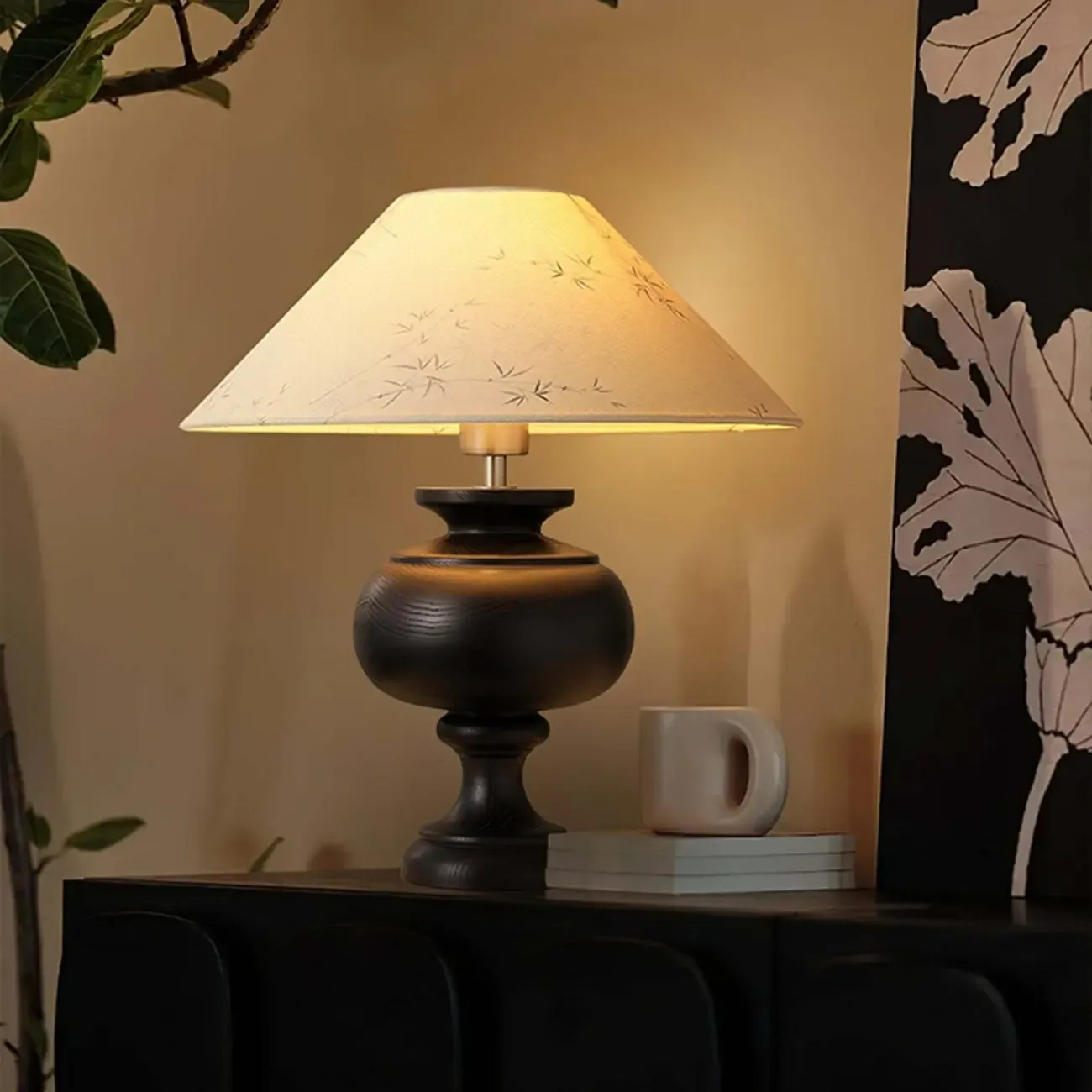 Traditional Geometric Totem Wood Table Lamp Drum Shade Image - 4