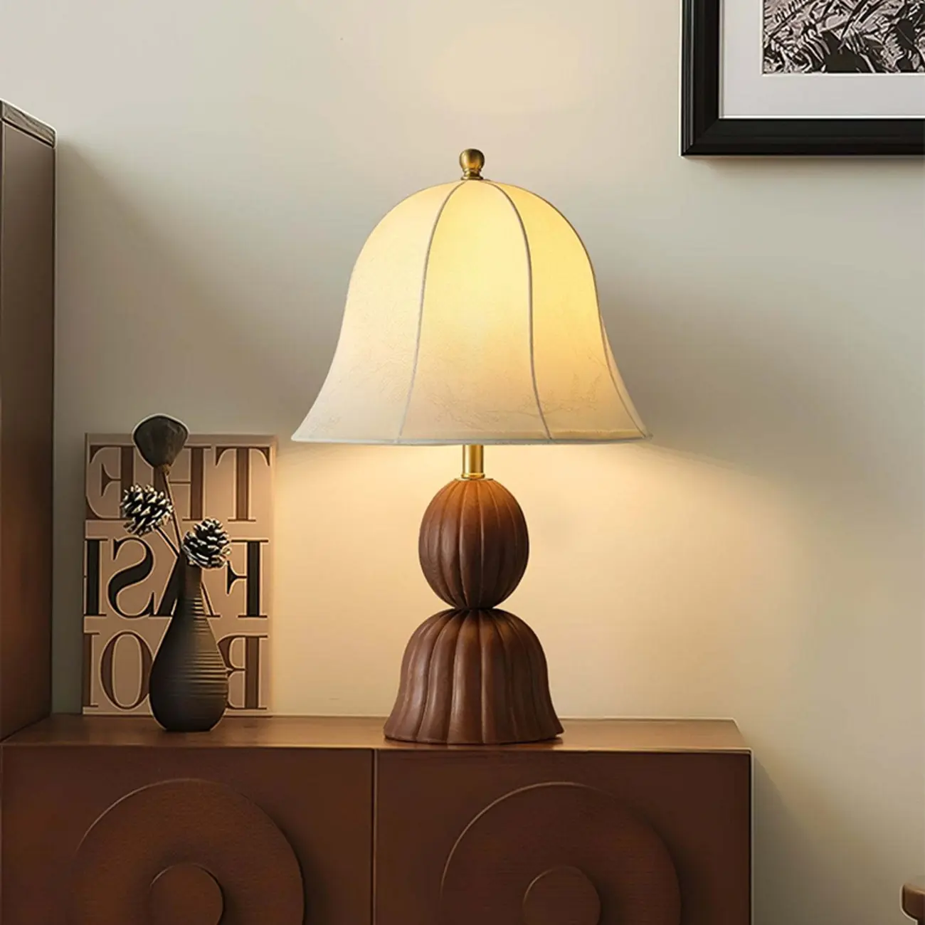 Elegant Fabric Bell-shaped Wood Table Lamp For Living Room Image - 1 | homeyfad