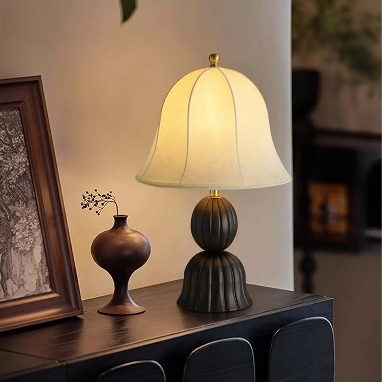 Elegant Fabric Bell-shaped Wood Table Lamp For Living Room Image - 2 | homeyfad