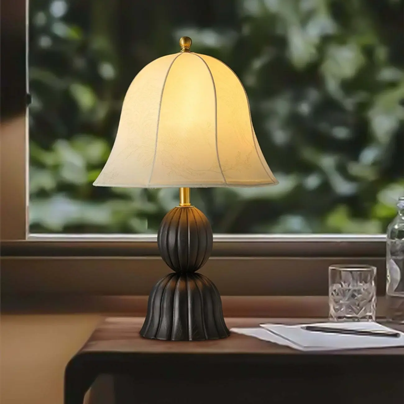 Elegant Fabric Bell-shaped Wood Table Lamp For Living Room Image - 4 | homeyfad