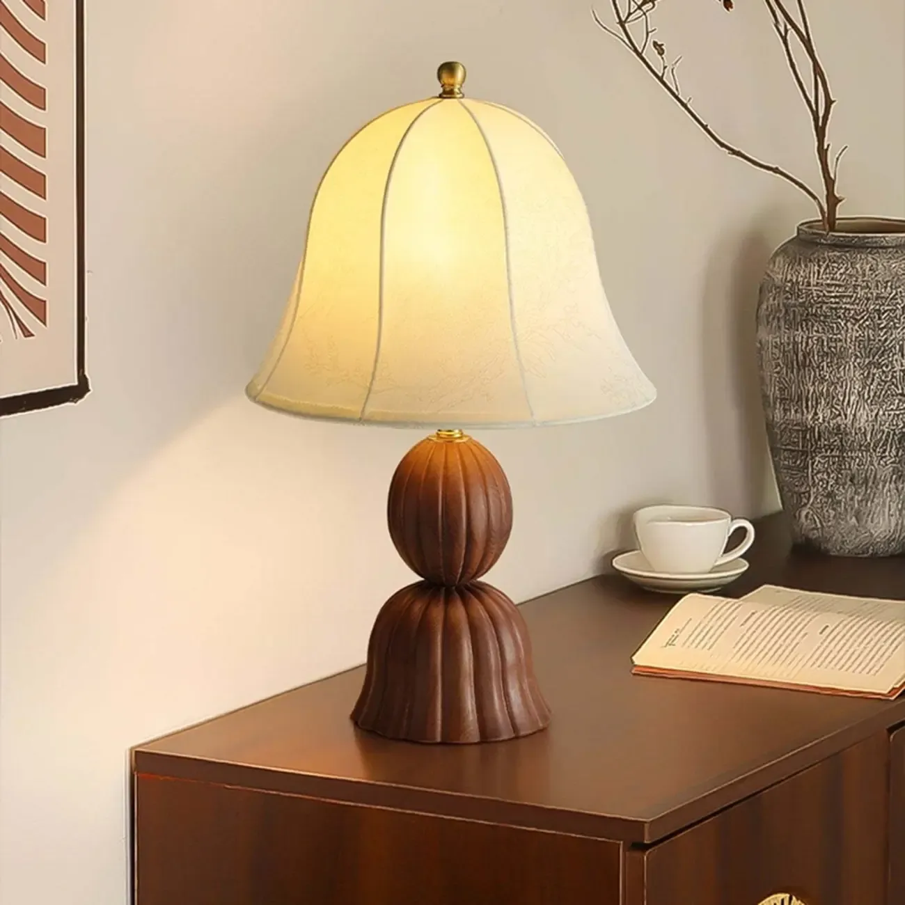 Elegant Fabric Bell-shaped Wood Table Lamp For Living Room Image - 5