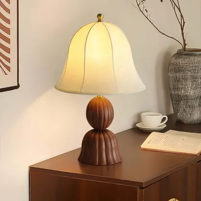 Elegant Fabric Bell-shaped Wood Table Lamp For Living Room Image - 5