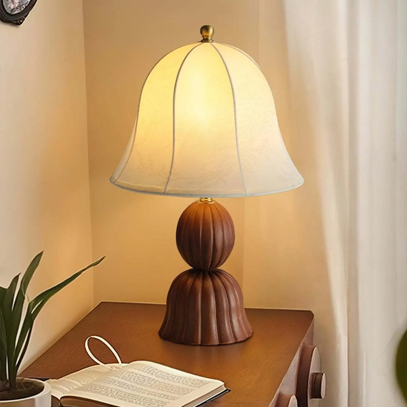 Elegant Fabric Bell-shaped Wood Table Lamp For Living Room Image - 6 | homeyfad