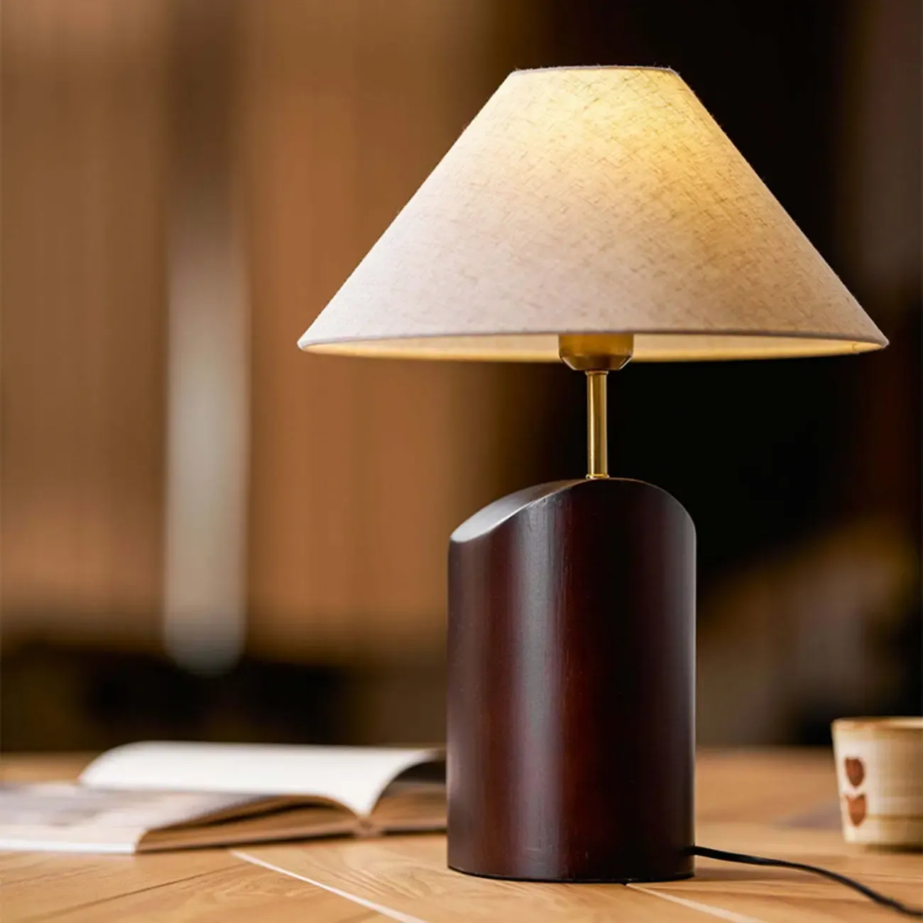 Contemporary Wood Fabric Table Lamp With Drum Shade Image - 4