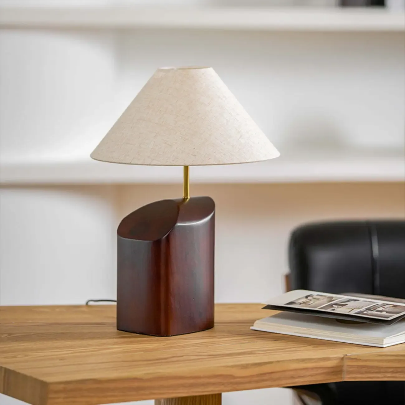 Contemporary Wood Fabric Table Lamp With Drum Shade Image - 1