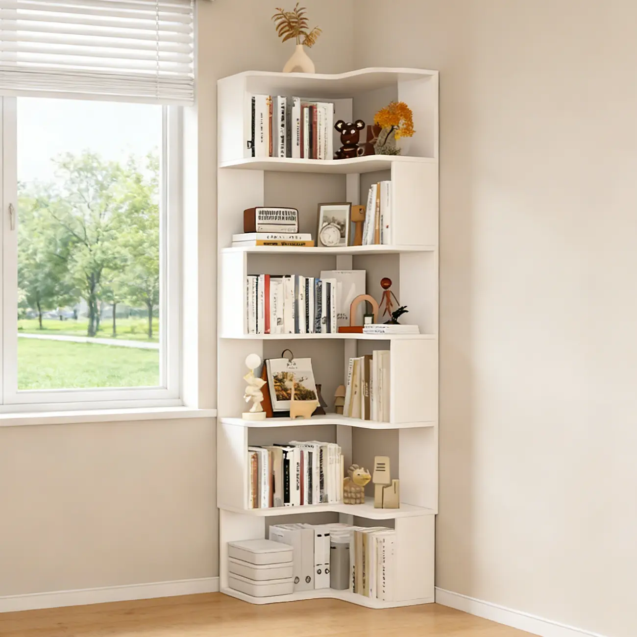 Manufactured Wood Corner Bookshelf with 6 Shelves Image - 4 | homeyfad