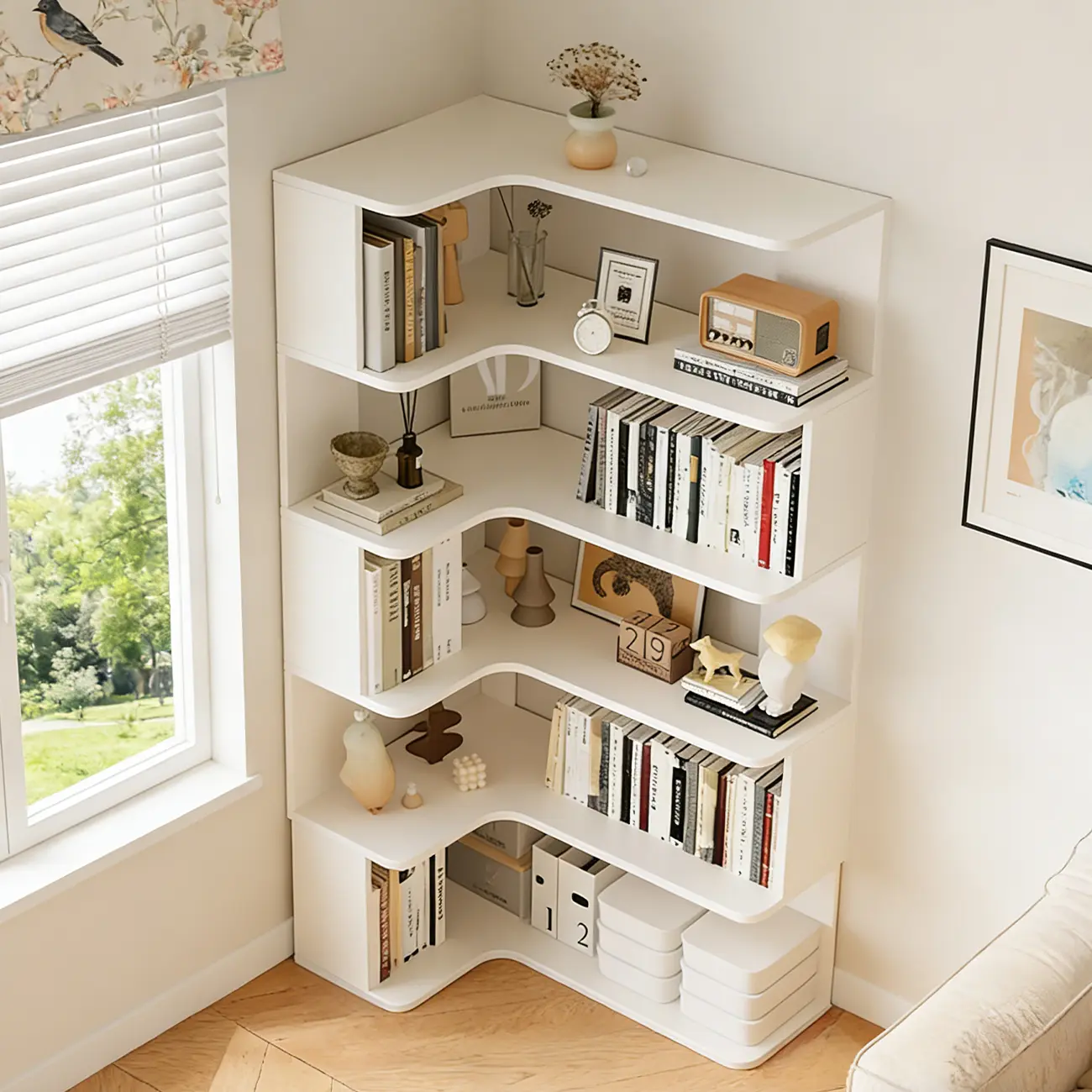 Manufactured Wood Corner Bookshelf with 6 Shelves Image - 20 | homeyfad