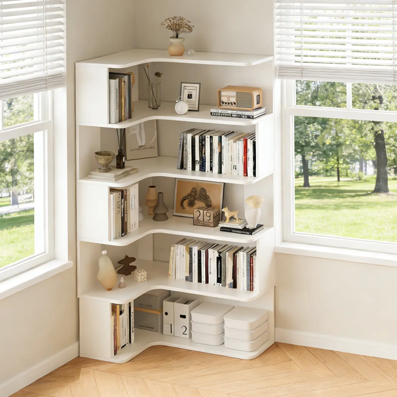 Manufactured Wood Corner Bookshelf with 6 Shelves Image - 19 | homeyfad