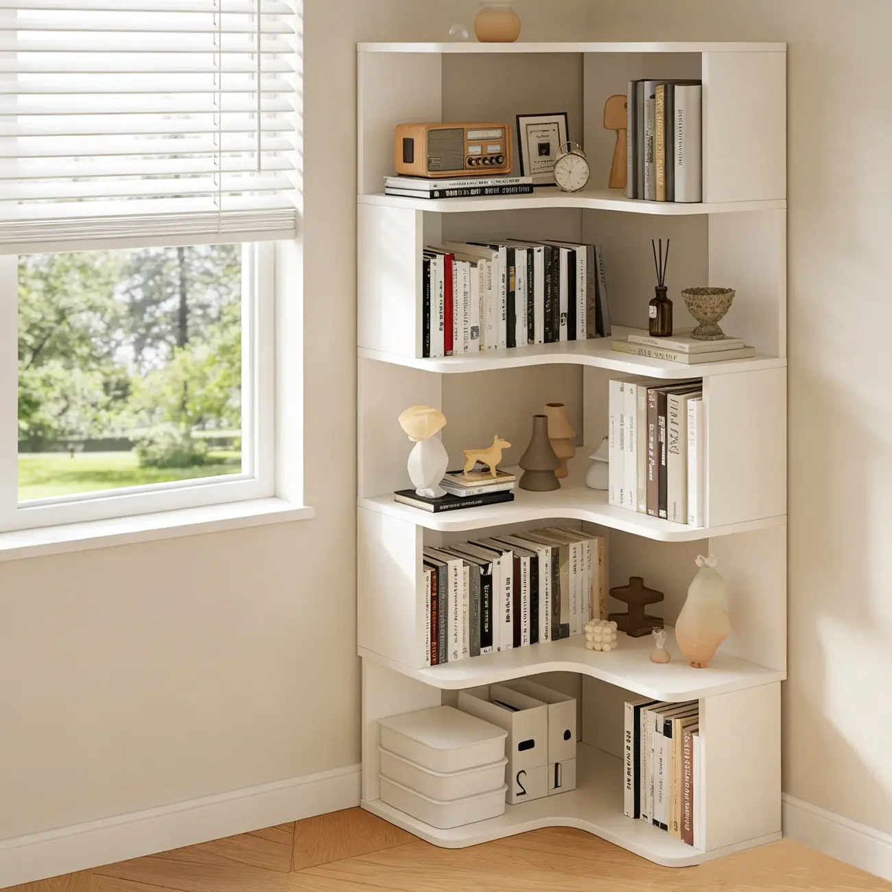 Manufactured Wood Corner Bookshelf with 6 Shelves Image - 18 | homeyfad