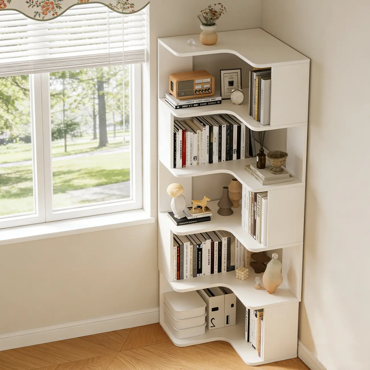 Manufactured Wood Corner Bookshelf with 6 Shelves Image - 17 | homeyfad