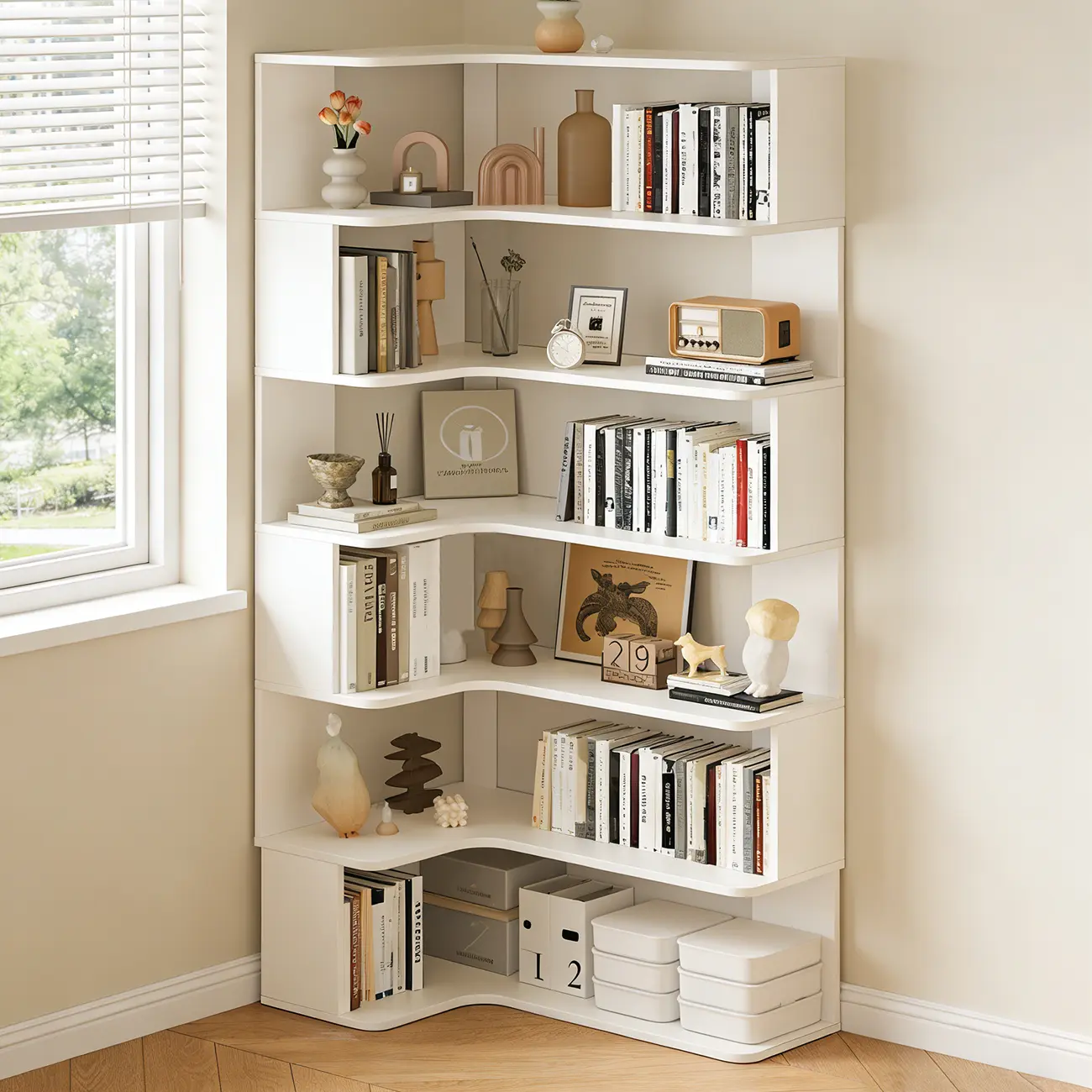 Manufactured Wood Corner Bookshelf with 6 Shelves Image - 16 | homeyfad