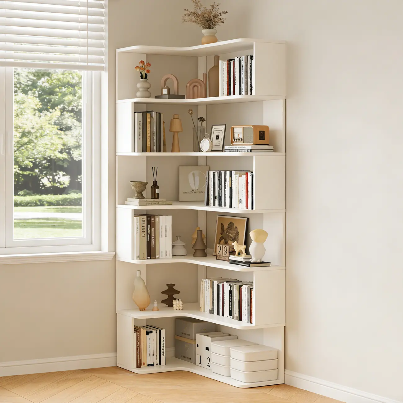 Manufactured Wood Corner Bookshelf with 6 Shelves Image - 3 | homeyfad