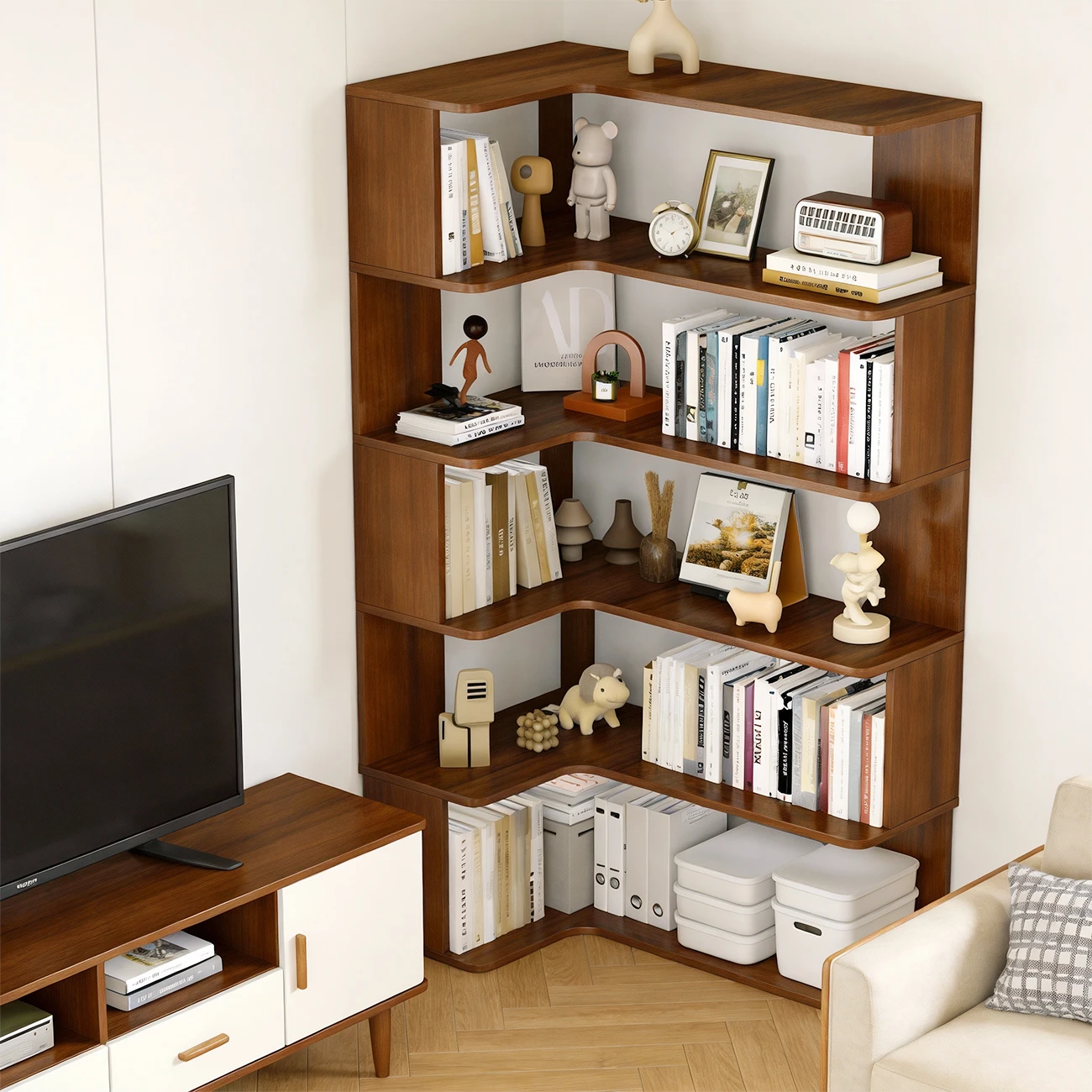 Manufactured Wood Corner Bookshelf with 6 Shelves Image - 13 | homeyfad