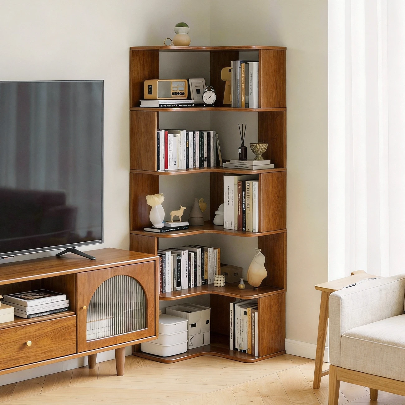 Manufactured Wood Corner Bookshelf with 6 Shelves Image - 5 | homeyfad