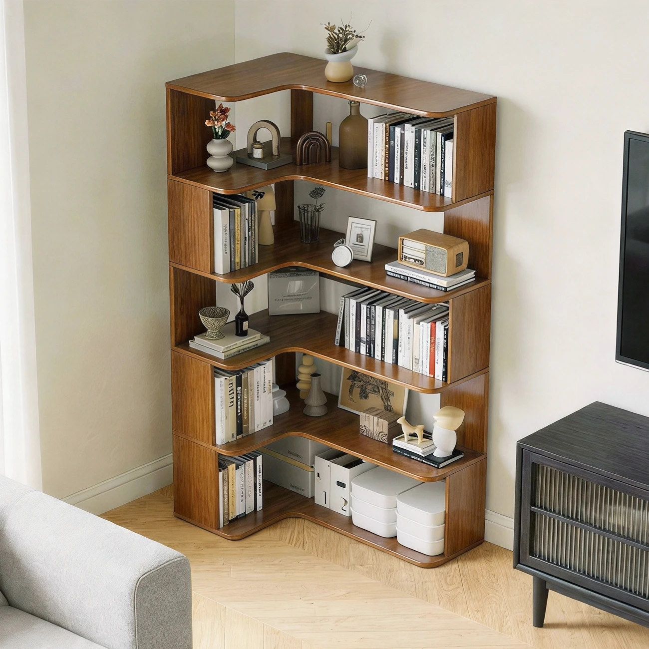 Manufactured Wood Corner Bookshelf with 6 Shelves Image - 6 | homeyfad