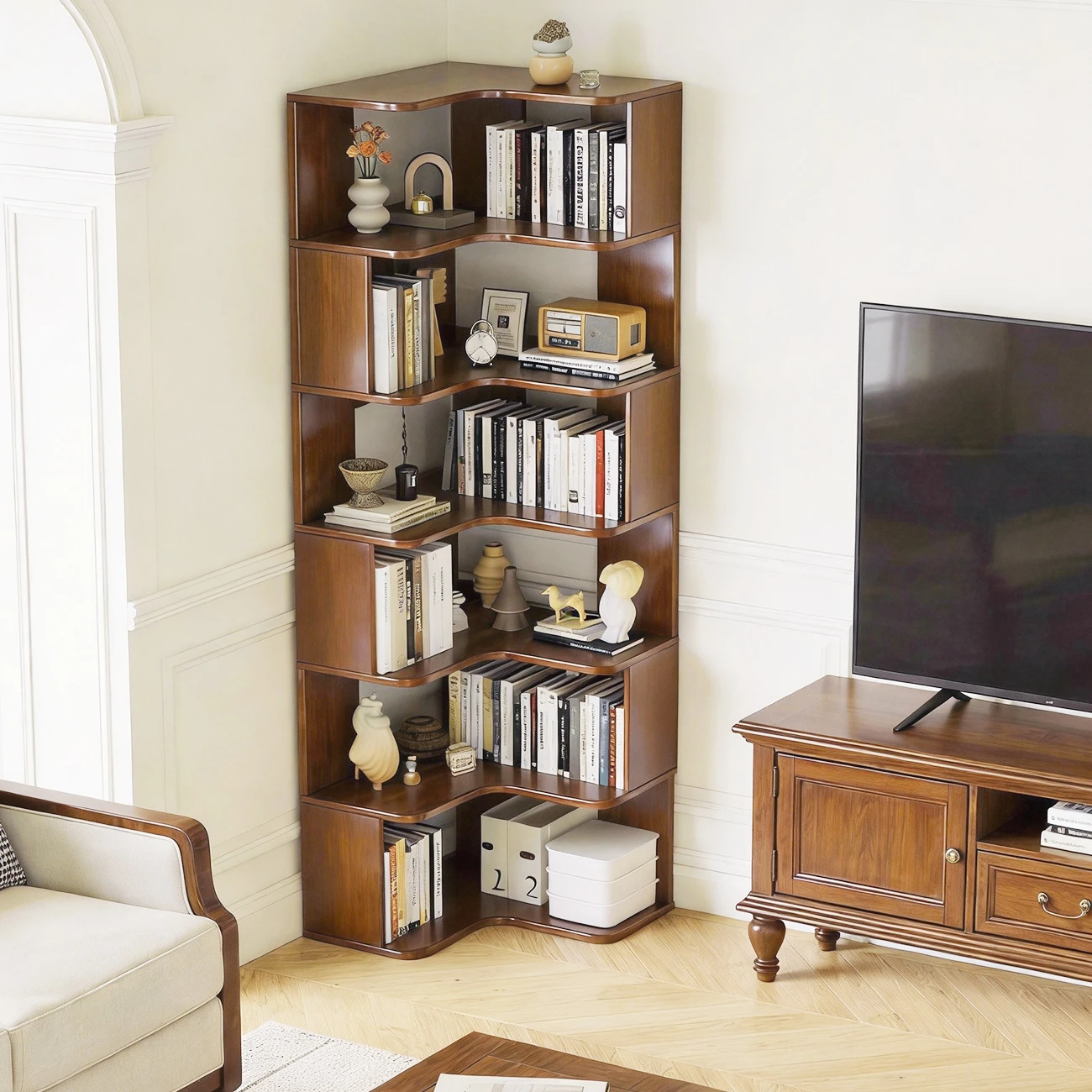 Manufactured Wood Corner Bookshelf with 6 Shelves Image - 14 | homeyfad