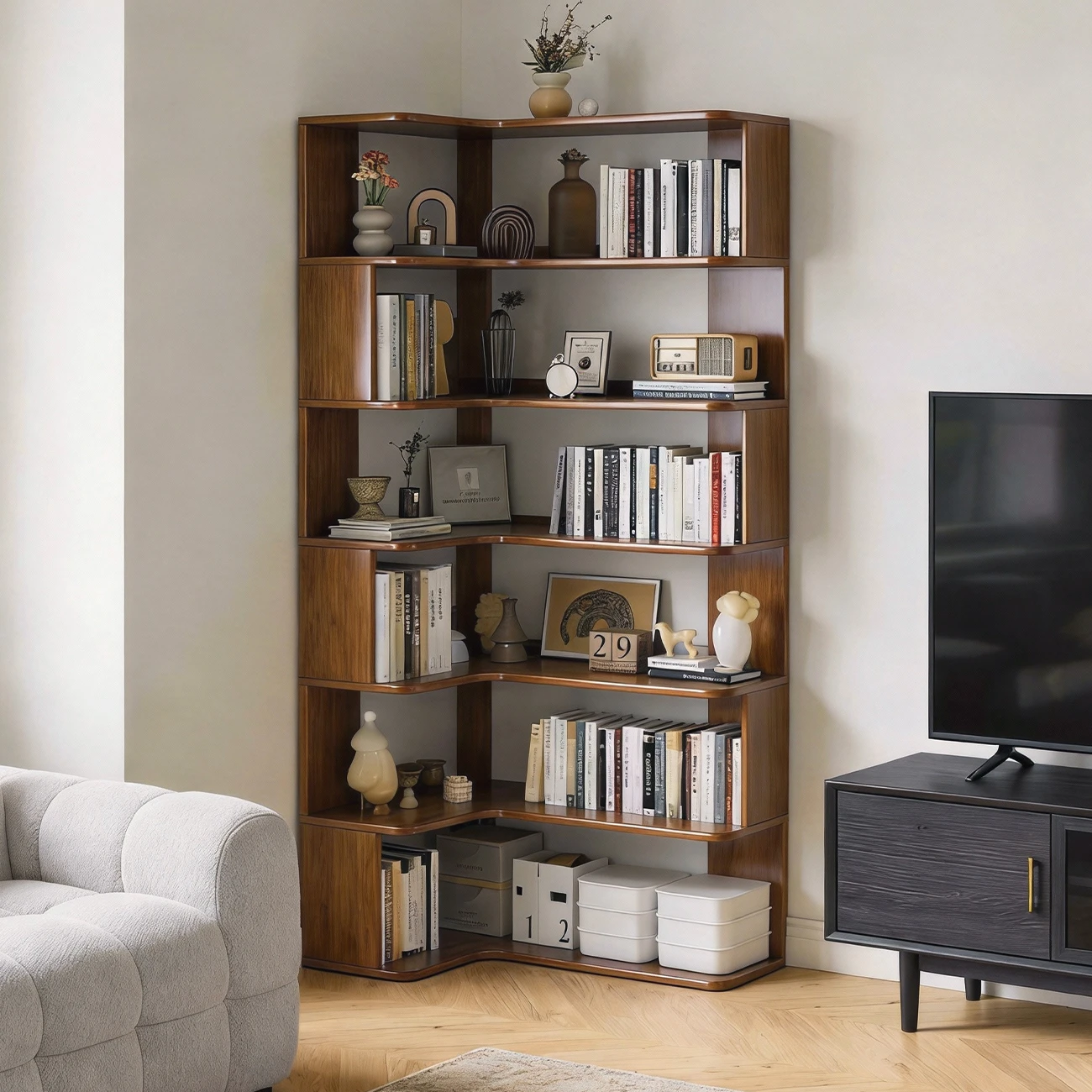 Manufactured Wood Corner Bookshelf with 6 Shelves Image - 15 | homeyfad