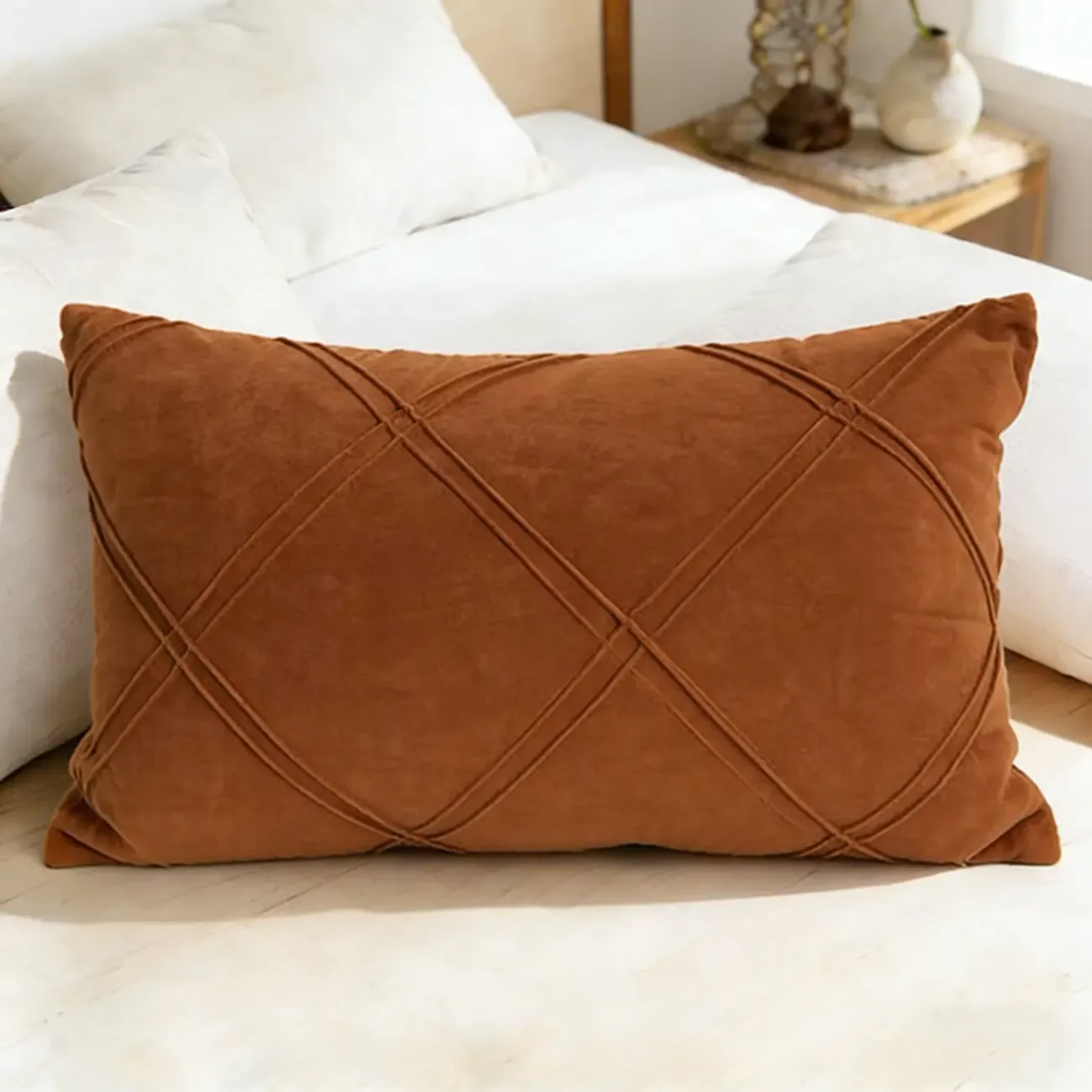 Elegant Velvet Lumbar Diamond Lattice Accent Pillows For Sofa Image - 9