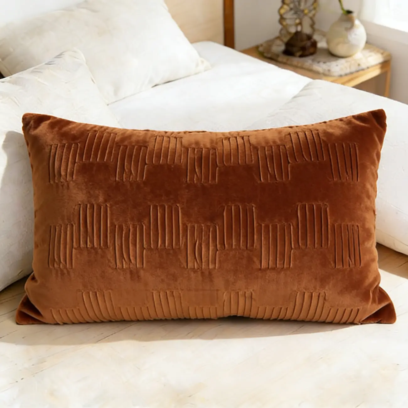 Elegant Velvet Lumbar Diamond Lattice Accent Pillows For Sofa Image - 10 | homeyfad