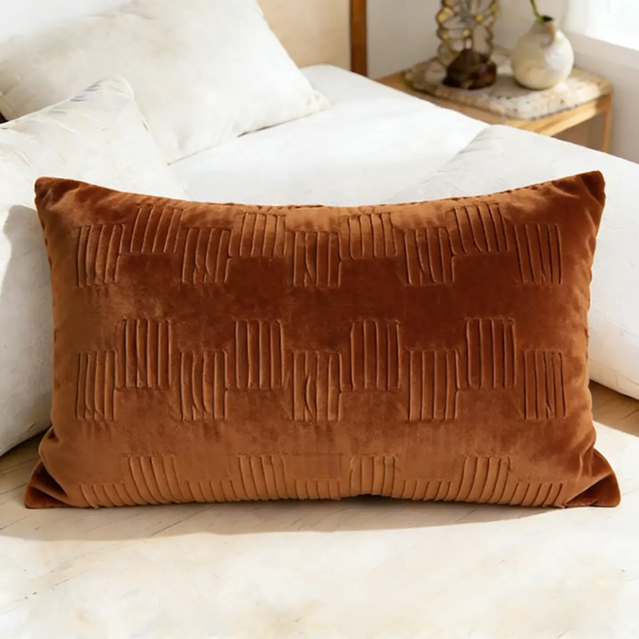 Elegant Velvet Lumbar Diamond Lattice Accent Pillows For Sofa Image - 10
