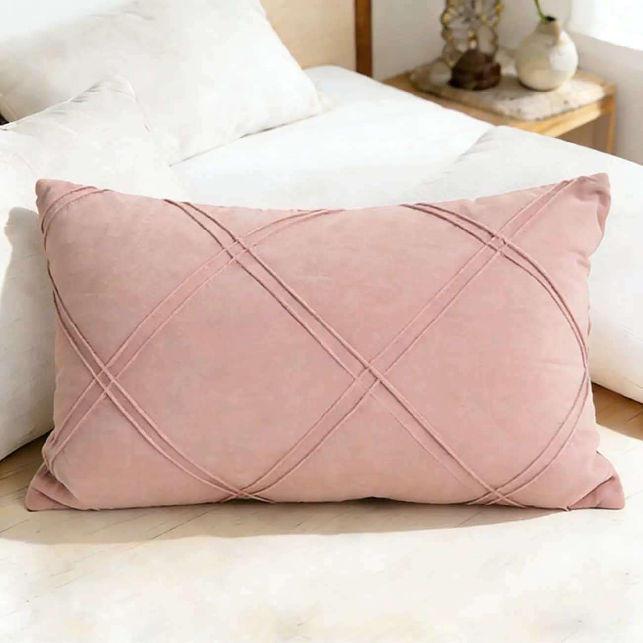 Elegant Velvet Lumbar Diamond Lattice Accent Pillows For Sofa Image - 11 | homeyfad