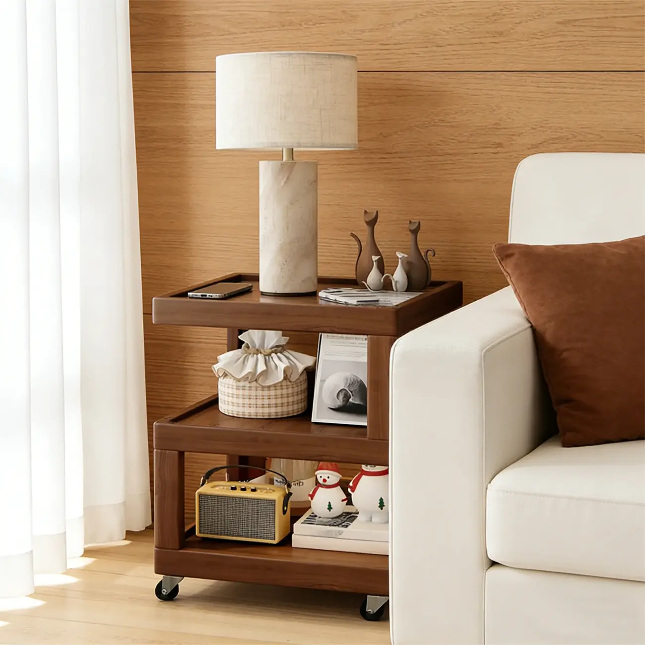 Modern Yellow Travertine Table Lamp with Fabric Shade Image - 3 | homeyfad