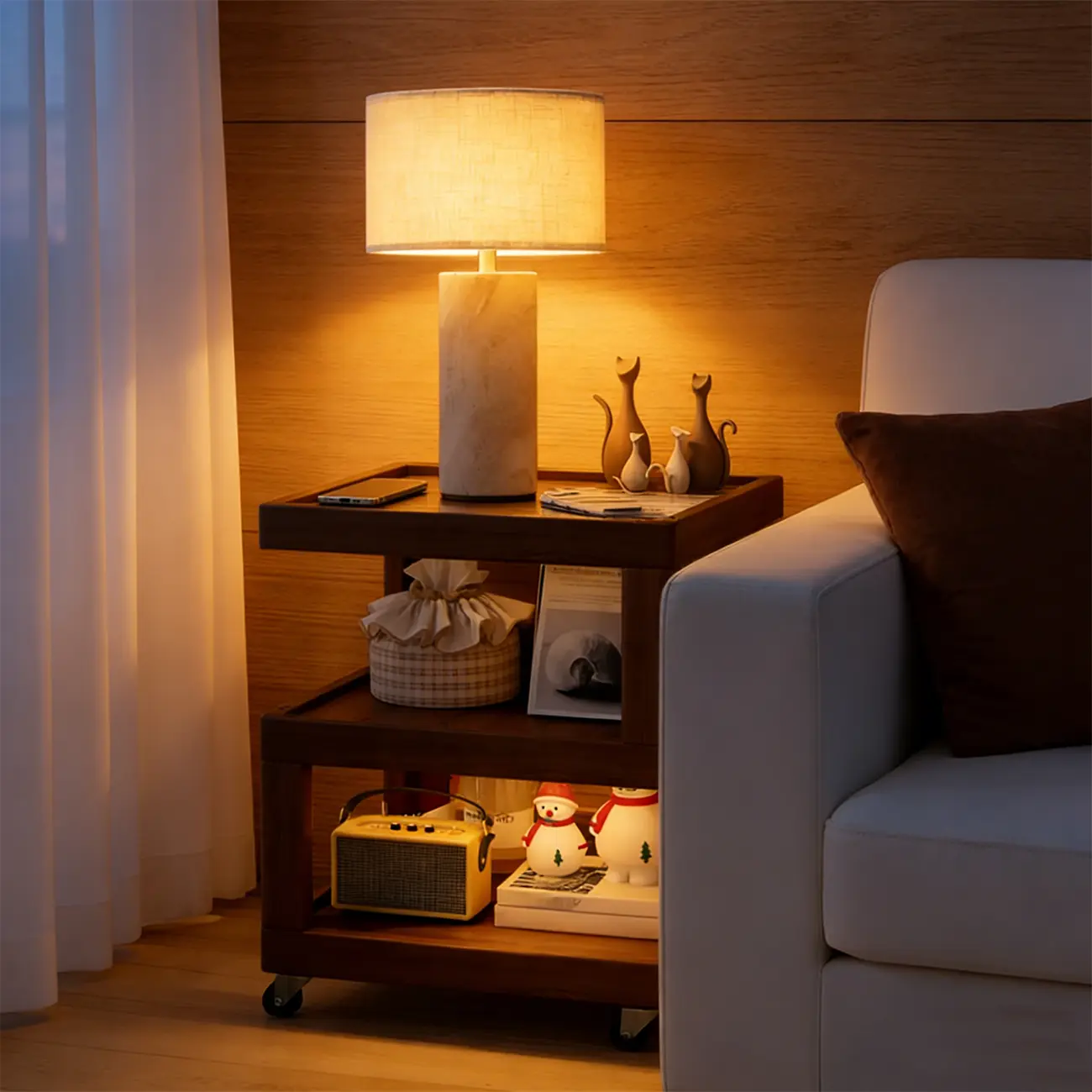 Modern Yellow Travertine Table Lamp with Fabric Shade Image - 4 | homeyfad