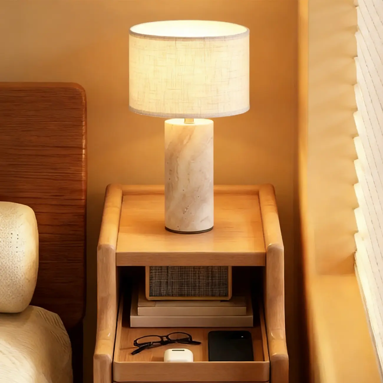 Modern Yellow Travertine Table Lamp with Fabric Shade Image - 9 | homeyfad