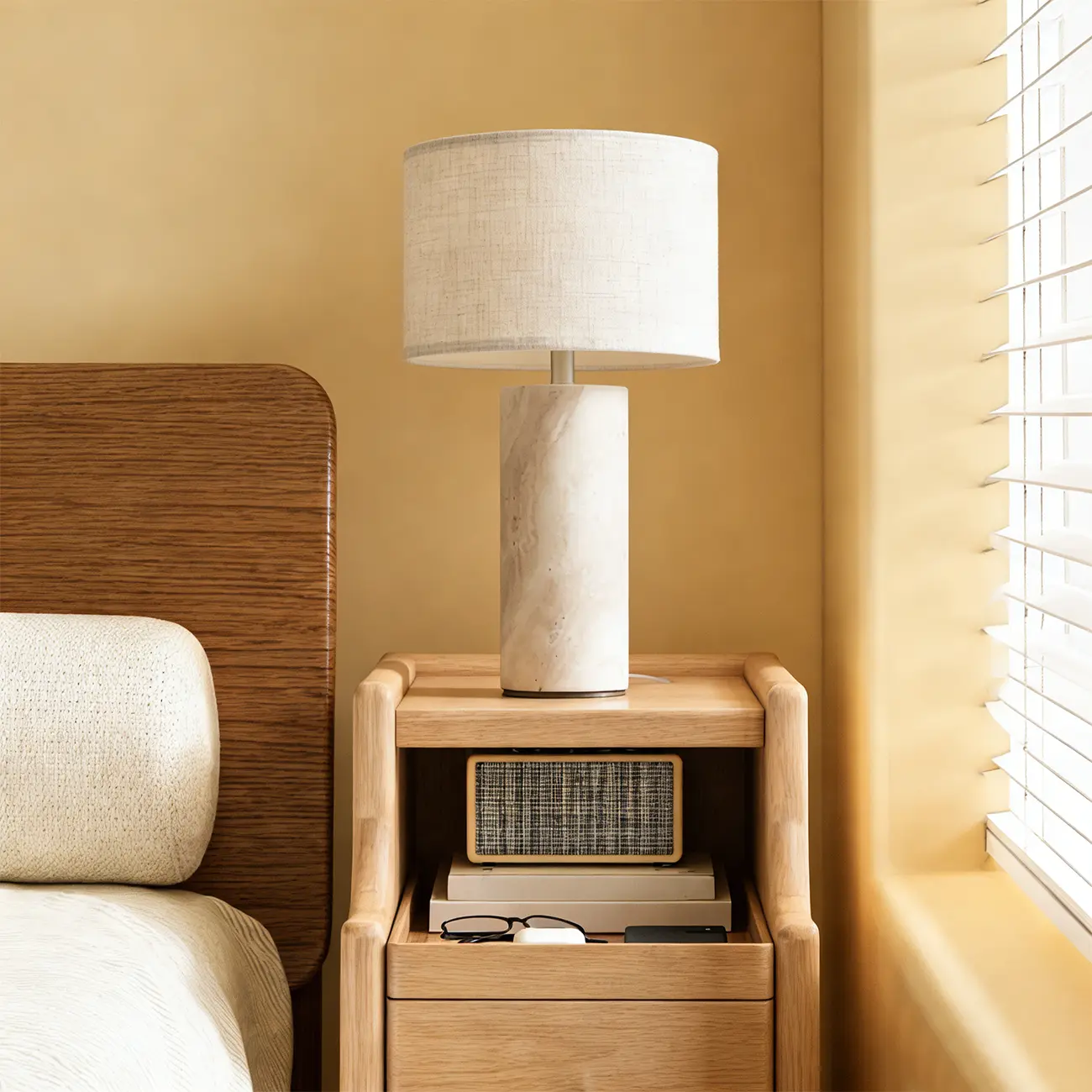 Modern Yellow Travertine Table Lamp with Fabric Shade Image - 2 | homeyfad