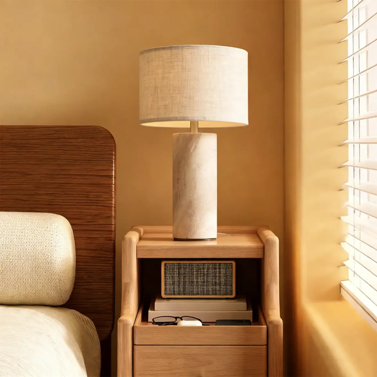 Modern Yellow Travertine Table Lamp with Fabric Shade Image - 8 | homeyfad