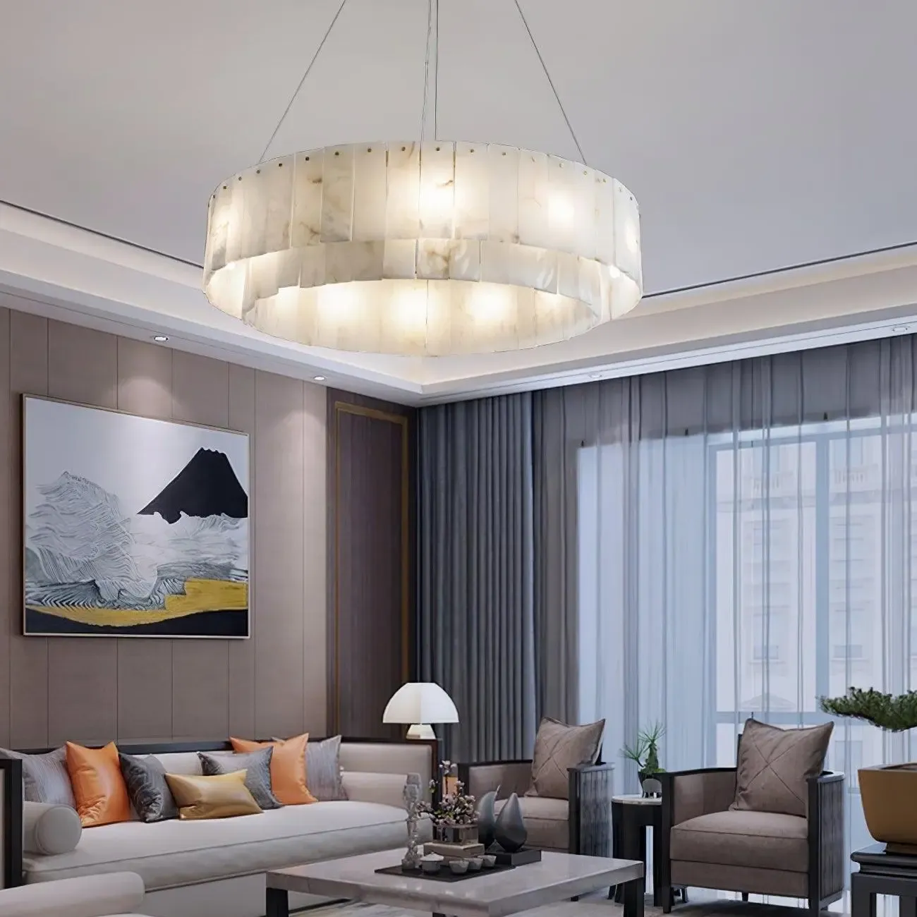 Art Deco Luxury Circular Hanging Alabaster Chandelier Image - 2