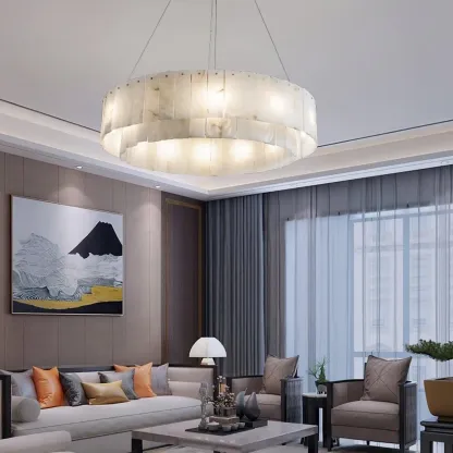 Art Deco Luxury Circular Hanging Alabaster Chandelier Image - 2