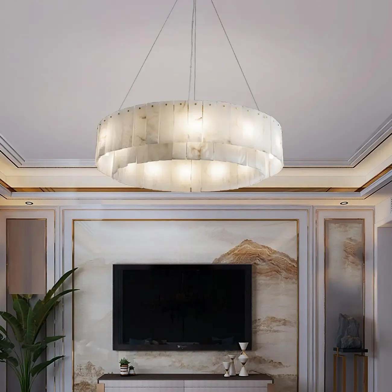 Art Deco Luxury Circular Hanging Alabaster Chandelier Image - 3