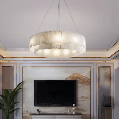 Art Deco Luxury Circular Hanging Alabaster Chandelier Image - 3