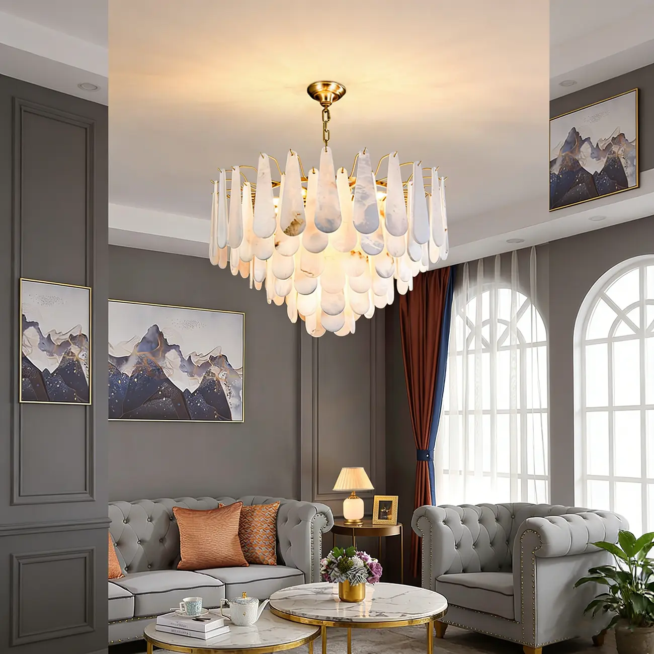 Luxury Living Room Teardrop Alabaster Sphere Chandelier Image - 3 | homeyfad