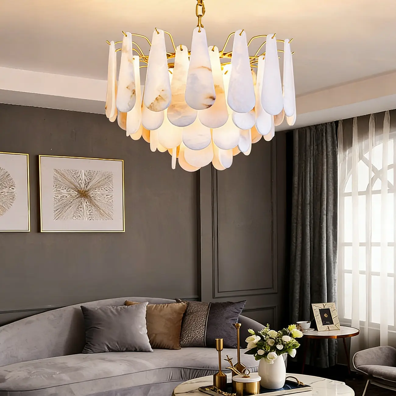 Luxury Living Room Teardrop Alabaster Sphere Chandelier Image - 4 | homeyfad