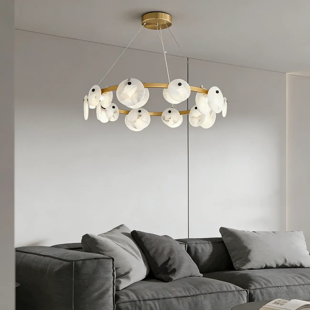 Contemporary Alabaster Ring Chandelier With Brass Finish Image - 5