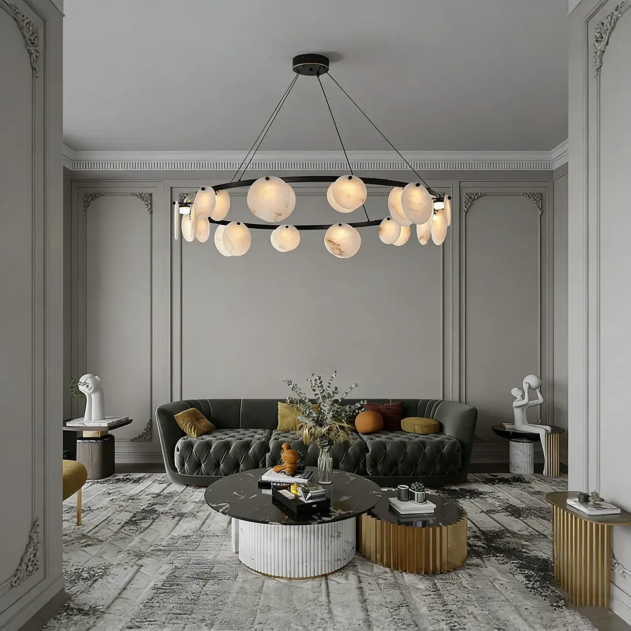 Contemporary Alabaster Ring Chandelier With Brass Finish Image - 7