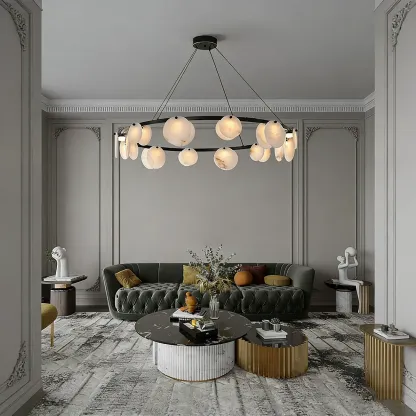 Contemporary Alabaster Ring Chandelier With Brass Finish Image - 7